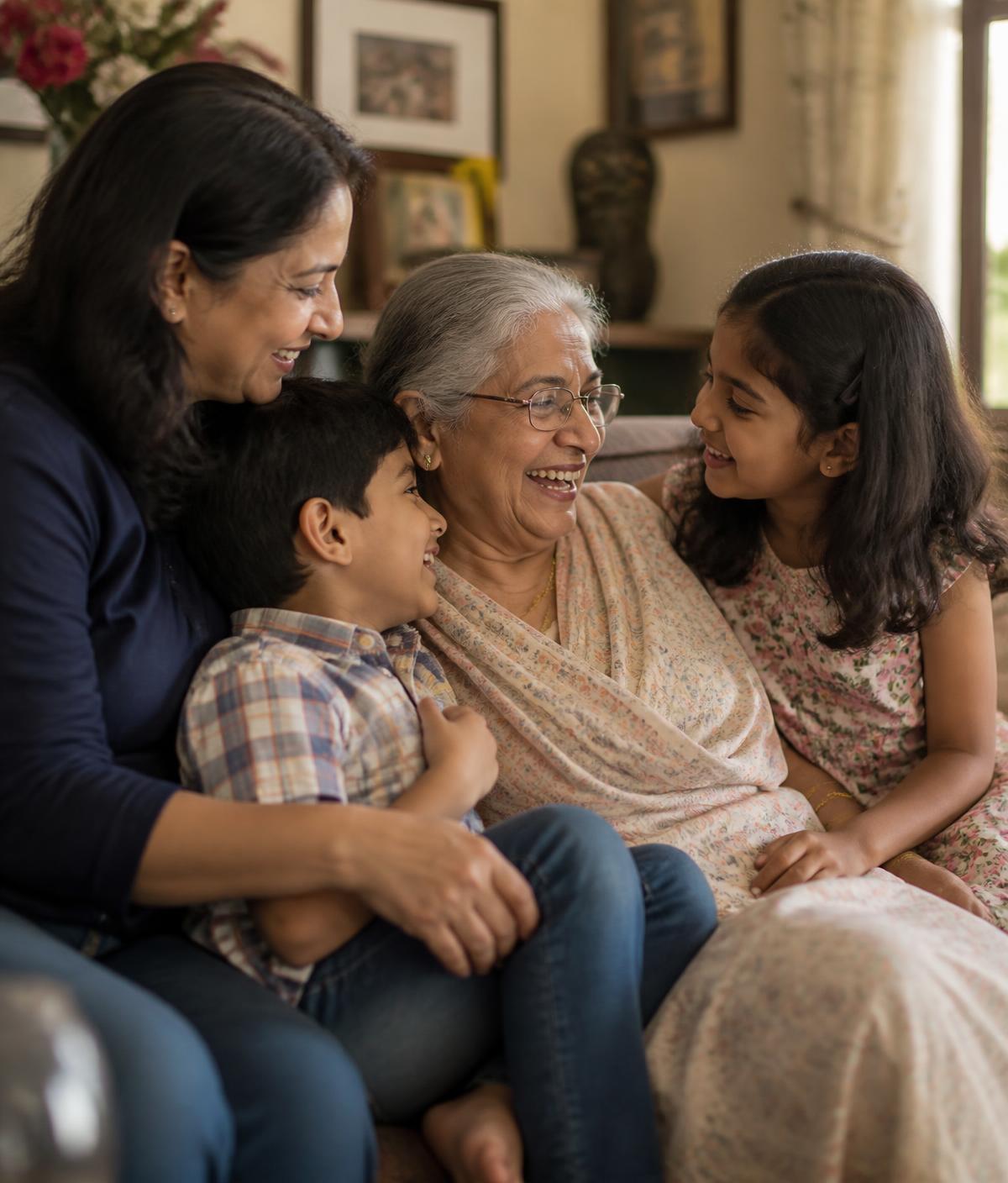 Three generations of a family laughing together on a sofa